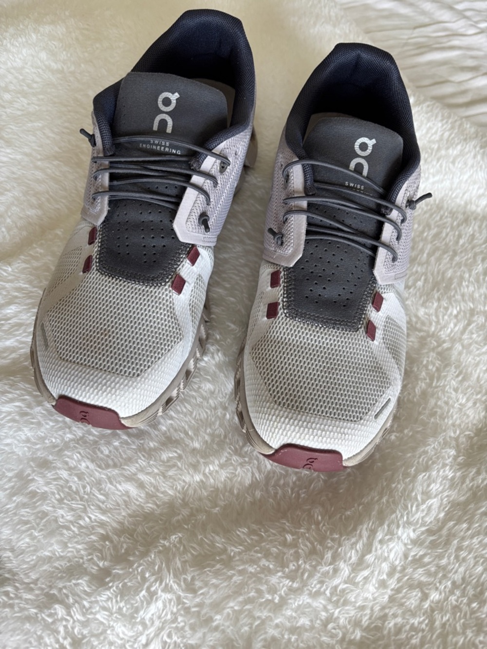 On Cloud Women’s Athletic Shoes — White & Gray with Burgundy Accents